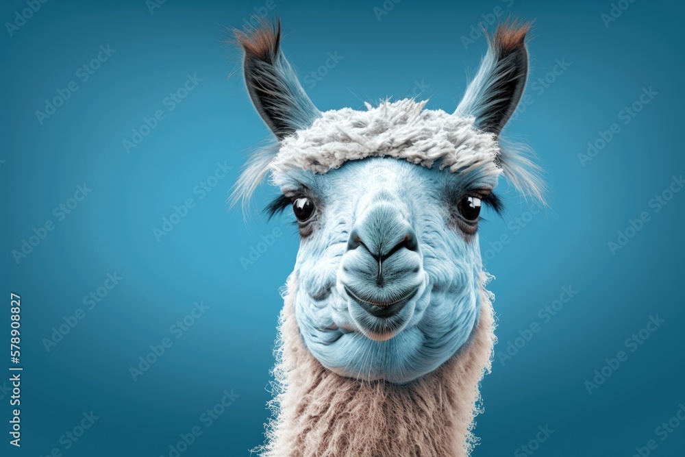 On a blue background, an amusing llama greets the viewer. Generative AI