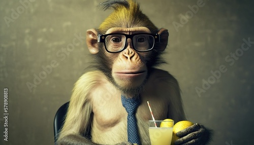 cute cool monkey wearing glasses drinking juice. made with generative Ai