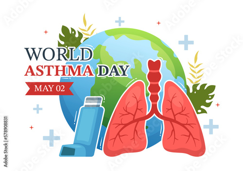 World Asthma Day on May 2 Illustration with Inhaler and Health Prevention Lungs in Flat Cartoon Hand Drawn for Web Banner or Landing Page Templates