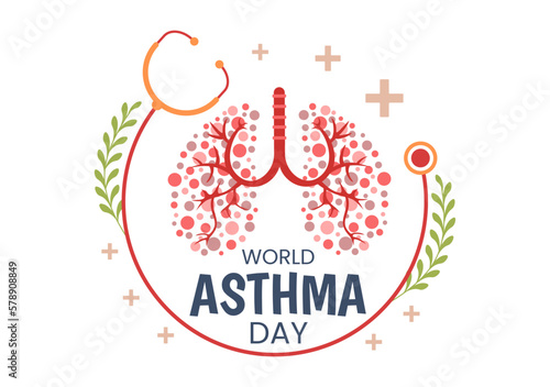 World Asthma Day on May 2 Illustration with Inhaler and Health Prevention Lungs in Flat Cartoon Hand Drawn for Web Banner or Landing Page Templates