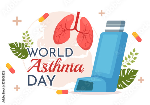World Asthma Day on May 2 Illustration with Inhaler and Health Prevention Lungs in Flat Cartoon Hand Drawn for Web Banner or Landing Page Templates