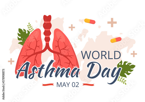 World Asthma Day on May 2 Illustration with Inhaler and Health Prevention Lungs in Flat Cartoon Hand Drawn for Web Banner or Landing Page Templates