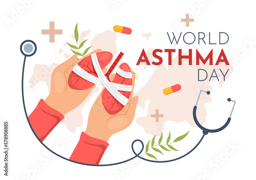 World Asthma Day on May 2 Illustration with Inhaler and Health Prevention Lungs in Flat Cartoon Hand Drawn for Web Banner or Landing Page Templates