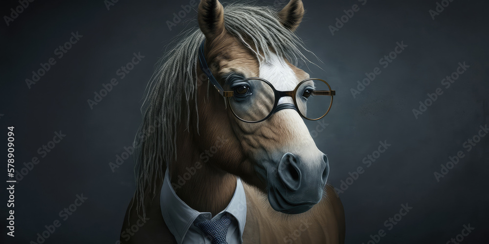 Portrait of a horse wearing glasses dressed in a formal business suit
