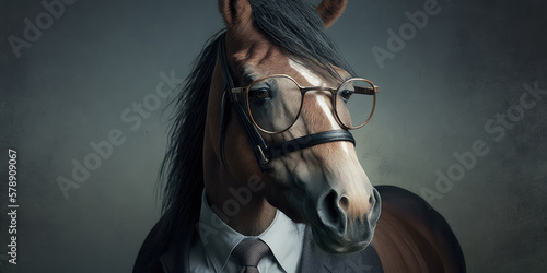 Portrait of a horse wearing glasses dressed in a formal business suit, generative ai photo