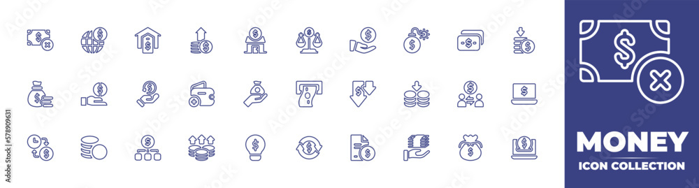 Money line icon collection. Editable stroke. Vector illustration. Containing poverty, investment, house, growth, home, scale, share, debt, dollar, loss, money bag, funding, cashback, add, and more.
