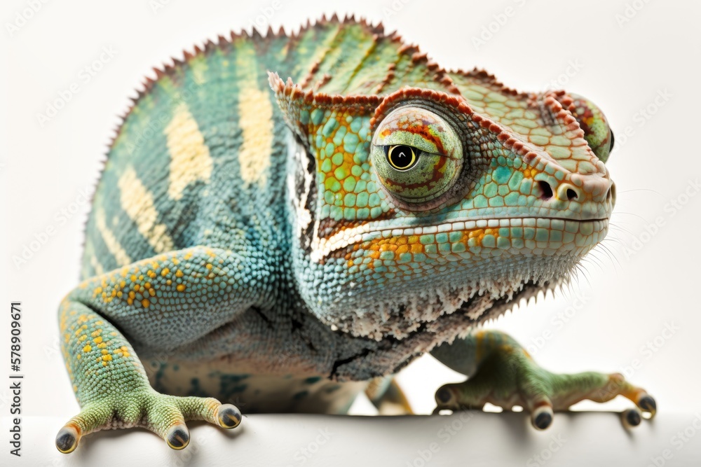 Obraz premium Against a white background, a Furcifer pardalis (panther chameleon) stares intently into the camera. Generative AI