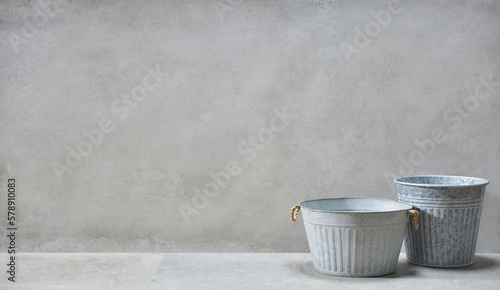 retro style, Basket, olive tree, earthen pot, stool and various objects on vintage gray concrete background