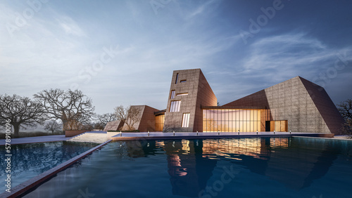 Architecture 3d rendering illustration of modern minimal house with natural landscape 