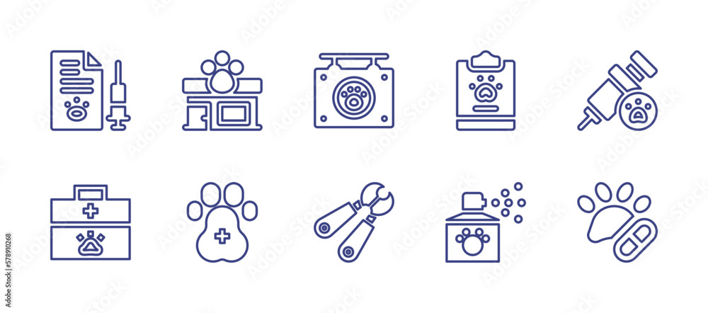 Veterinary line icon set. Editable stroke. Vector illustration. Containing vaccination, animal shelter, sign, clipboard, vaccine, first aid kit, paw, nail clipper, spray bottle, pills.