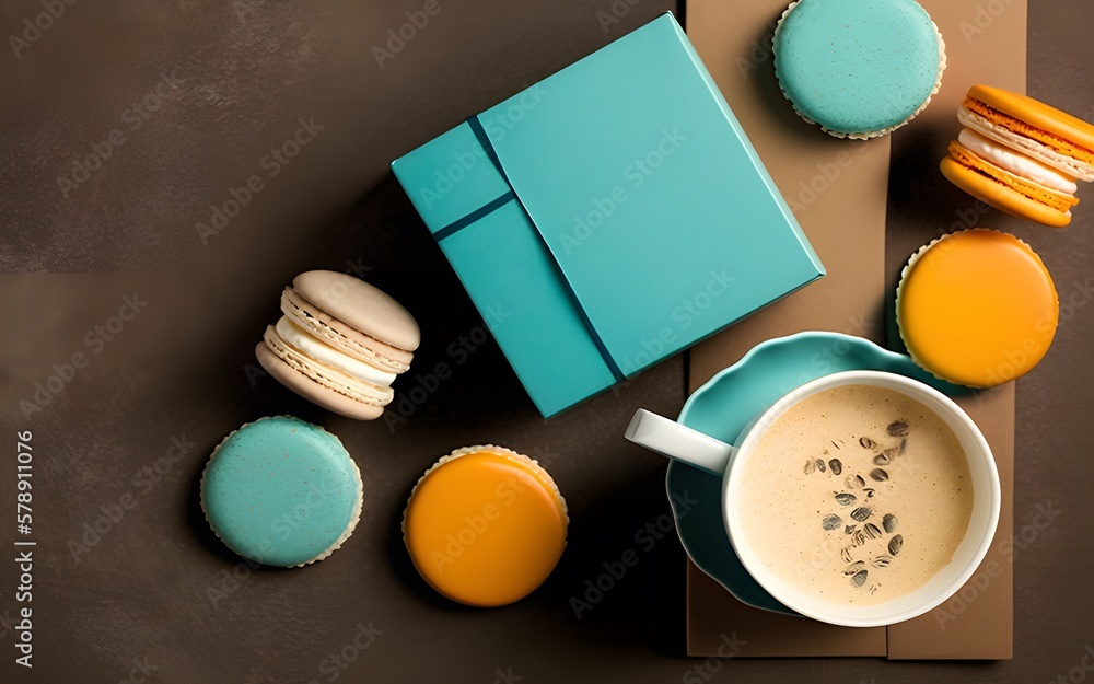 Homemade macaron in gift box and coffee cup Top view with copy space Homemade macaron in gift box and coffee cup Top view with copy space