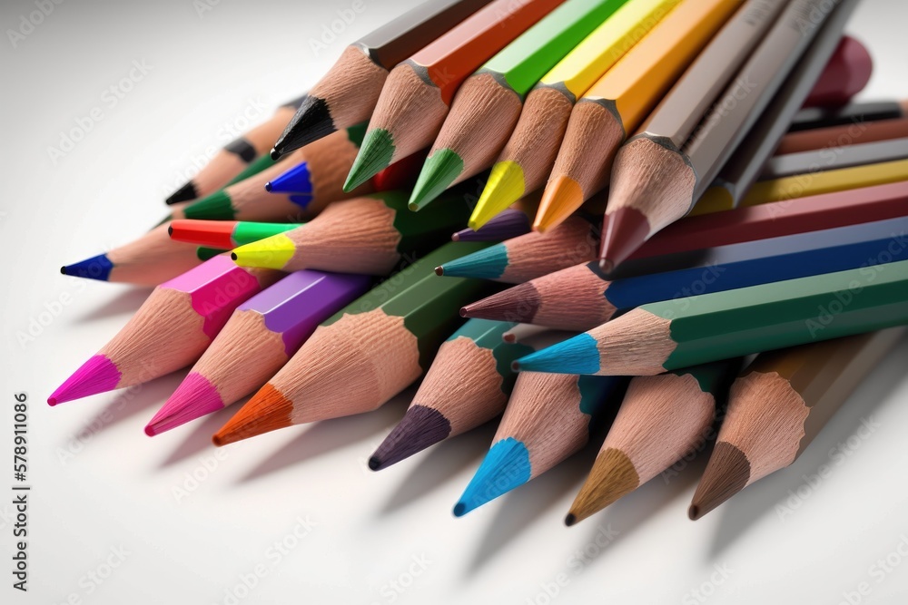 Clipping path effect on close up of colored pencils on a white background. Lovely colored pencils. The art supply set that includes color pencils. Generative AI
