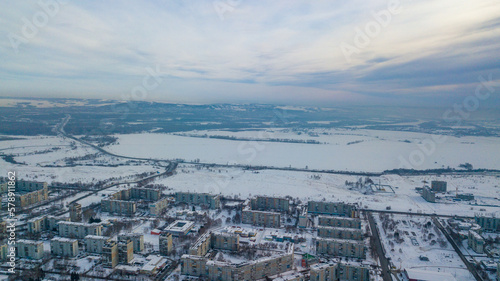 the urban landscape of Novokuznetsk in winter from a bird's eye view