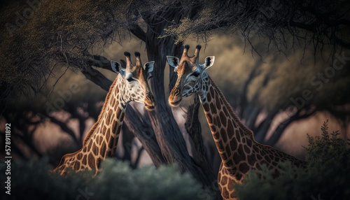 African Safari  Two Giraffes Under Tree in Savannah Looking at Camera Generative AI