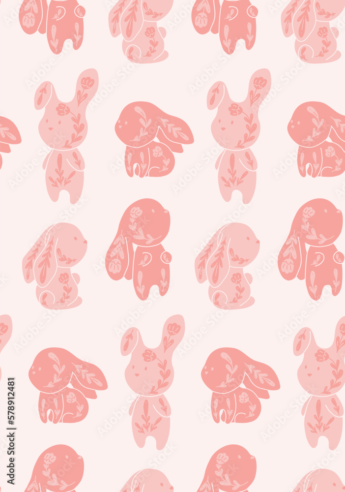 Vector gentle seamless pattern with pink decorated bunnies in row. Nursery texture with folk art rabbits. Childish backdrop