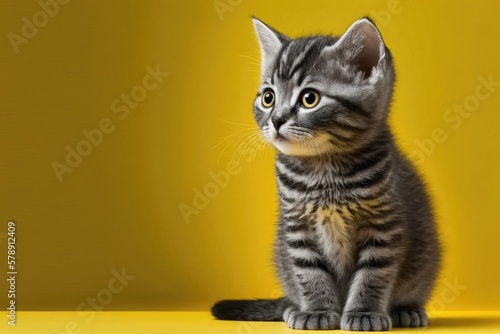 Copy space and a cute little tabby kitten on a sunny yellow background. Gray cat on a colorful background, with copy space isolated. Young animal's show of curiosity and inquiry. Generative AI © 2rogan