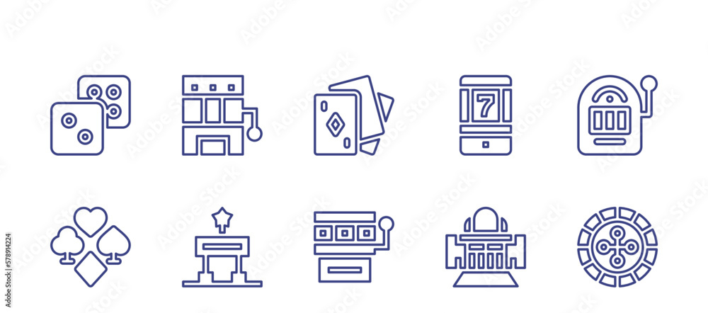 Casino line icon set. Editable stroke. Vector illustration. Containing dices, casino roulette, poker, online casino, slot machine, casino, roulette.