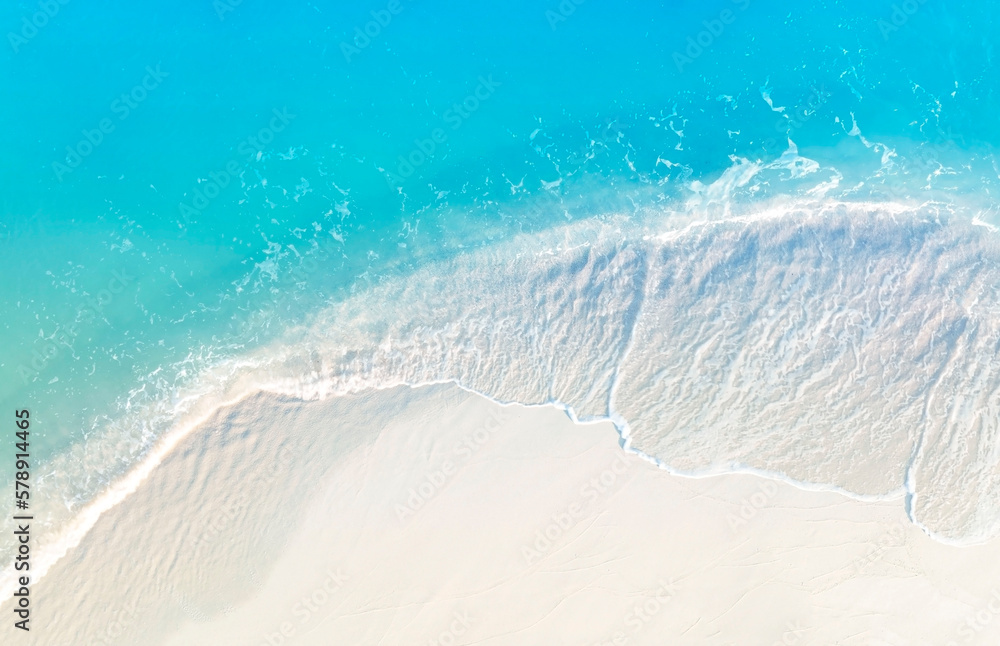 Aerial view with beach in wave of  turquoise sea water shot, Top view of beautiful white sand background - obrazy, fototapety, plakaty 