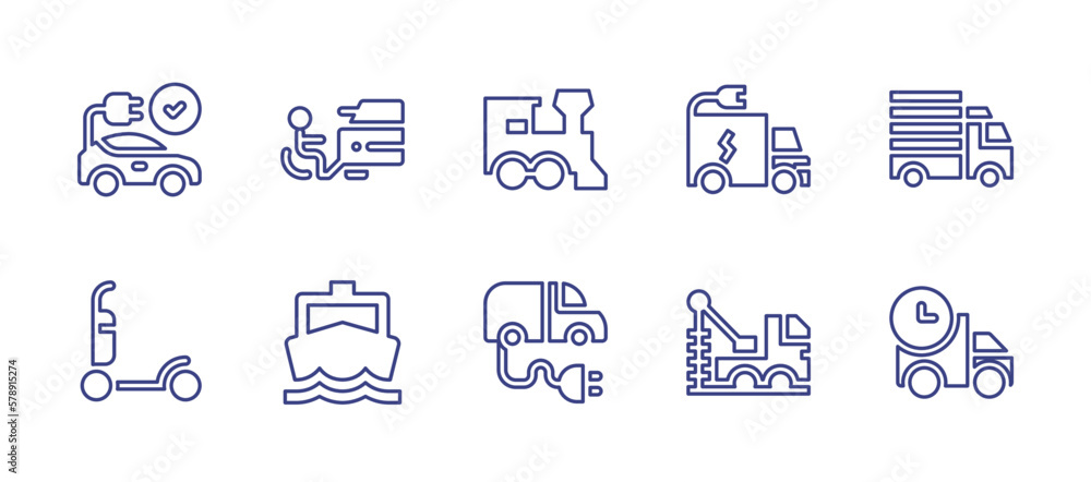 Transportation line icon set. Editable stroke. Vector illustration. Containing electric car, car, train, truck, delivery truck, electric scooter, ship, electric, well drilling truck.