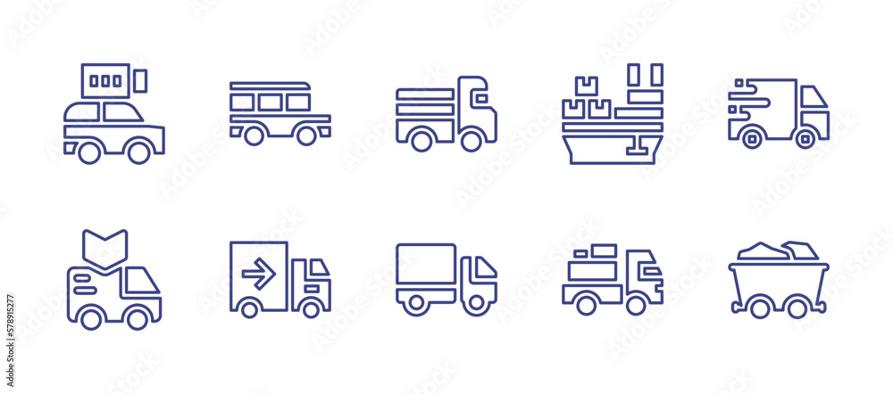 Transportation line icon set. Editable stroke. Vector illustration. Containing electric car, jeepney, pickup truck, cargo, van, delivery truck, mine cart.