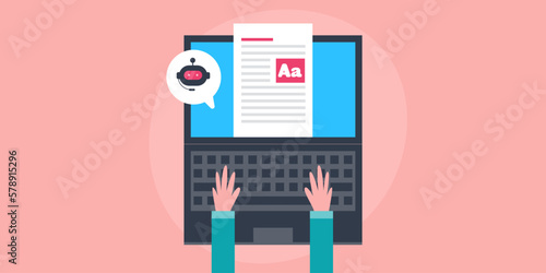 Artificial intelligence helping person writing content on laptop, vector illustration flat design web banner.