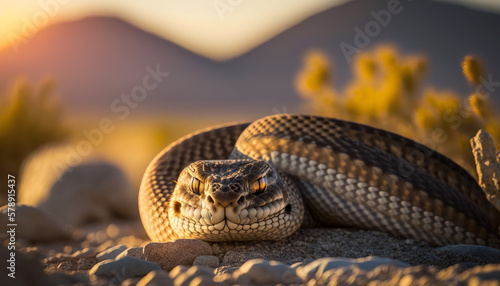 Sunset Stare: A Close-up Encounter with a Serpentine Predator Generative AI © Damian