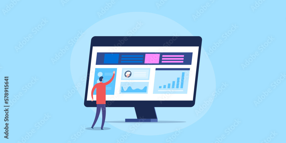 Financial statement stock marketing investment, businessman analysing market data and report on computer screen, flat vector illustration with isolated background. Financial statement stock marketing investment, businessman analysing market data and report on computer screen, flat vector illustration with isolated background.
