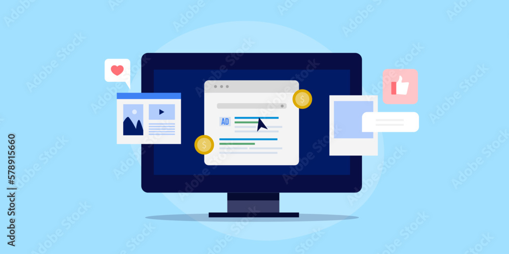 Search engine page with sponsored website listing, website optimization social media ads conceptual search marketing vector illustration. Search engine page with sponsored website listing, website optimization social media ads conceptual search marketing vector illustration.