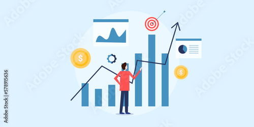 Market research financial report analysis business people study sales graph arrow upward, revenue growth strategy investment concept, vector illustration.