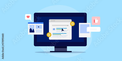 Search engine page with sponsored website listing, website optimization social media ads conceptual search marketing vector illustration.