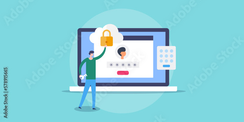 Information technology people working with cloud security setting for website application, login password cyber security concept, vector illustration.