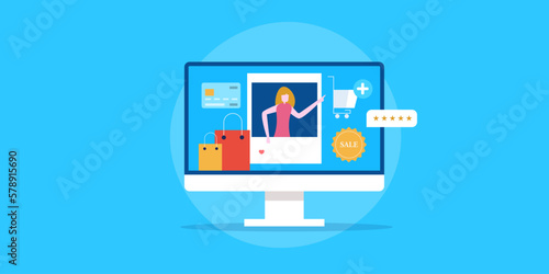 Social media shopping concept, influencer marketing digital ecommerce payment on computer screen, vector illustration banner.