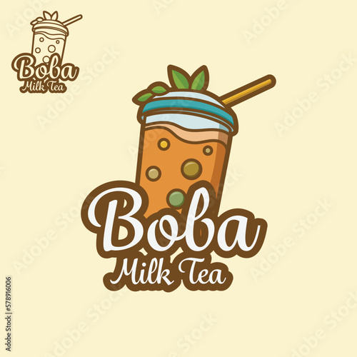 milk tea bubble logo fresh drink concept with flat style design. vector illustration