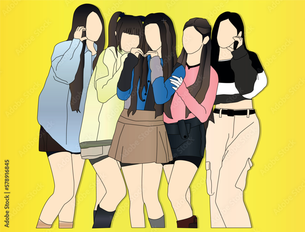Kpop idol girl group. flat design style vector illustration colored image. New jeans idol image. - obrazy, fototapety, plakaty 