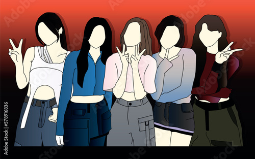 Kpop idol girl group. flat design style vector illustration colored image.