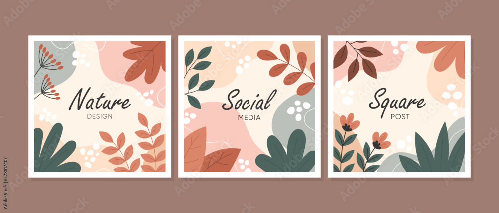 Set of abstract decorative prints square banner template for social media posts, mobile apps, banners design, web and internet ads. Universal artistic banners.