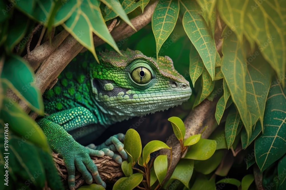 Obraz premium Green lizard in nature, hunter chameleon with a camouflaged green hide, hidden animals. Generative AI