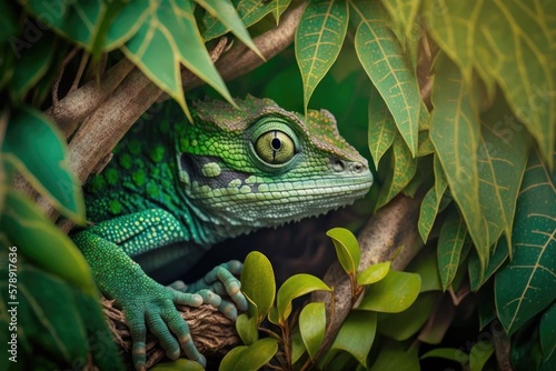 Green lizard in nature  hunter chameleon with a camouflaged green hide  hidden animals. Generative AI