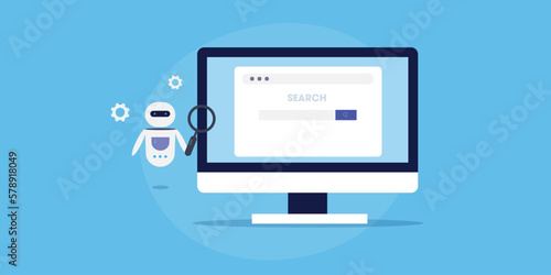 Artificial intelligence robot answer user query, AI technology driven search engine page on computer screen. Flat design vector illustration.