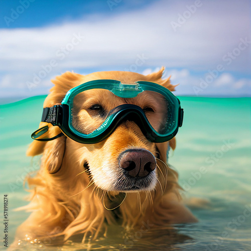 golden retriever wearing snorkeling gear on the beach © SKIMP Art