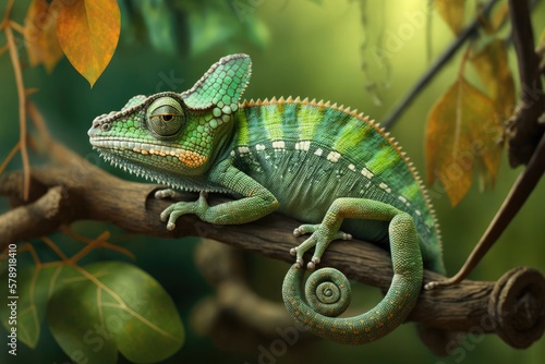The veiled chameleon (Chamaeleo calyptratus) is pictured here relaxing on a branch in its natural environment. Generative AI