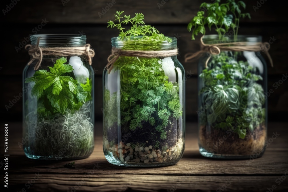 Various homegrown organic culinary and fragrant herbs in glass jars on a hardwood background; close up, selective focus. Coriander, parsley, dill, and mint. Generative AI Various homegrown organic culinary and fragrant herbs in glass jars on a hardwood background; close up, selective focus. Coriander, parsley, dill, and mint. Generative AI