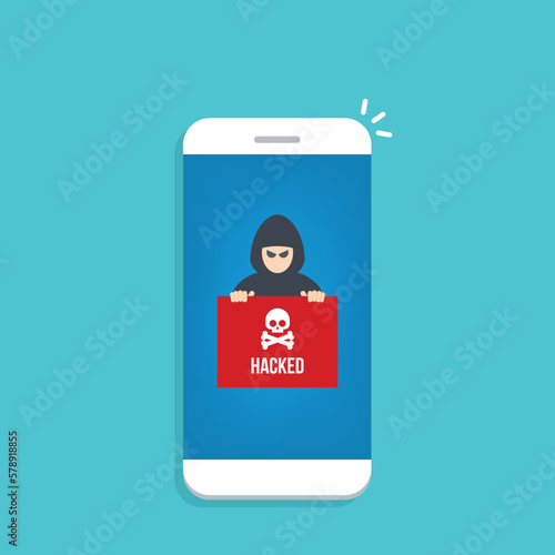 Hacker notification on mobile phone. Smartphone with hacker attack alert.	
