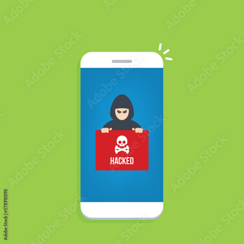 Hacker notification on mobile phone. Smartphone with hacker attack alert.	