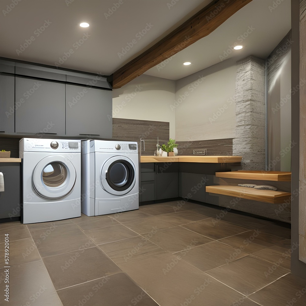 A basement laundry room with a washer and dryer3, Generative AI A basement laundry room with a washer and dryer3, Generative AI