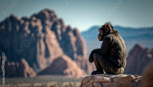 Summit Grin: An Ape Enjoys the Breathtaking View from a Mountain Plateau Generative AI