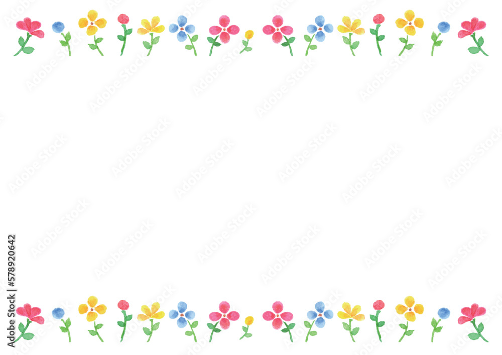 上下を小ぶりな赤青黄色の水彩手描きの花で飾った背景 上下を小ぶりな赤青黄色の水彩手描きの花で飾った背景