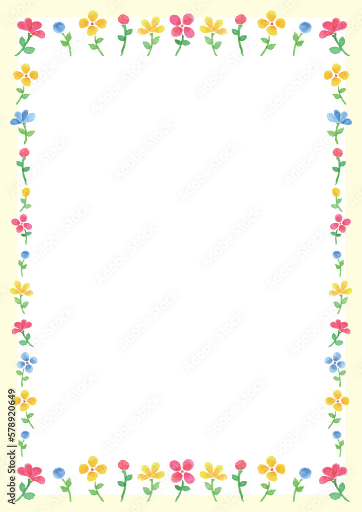 周囲を小ぶりな赤青黄色の水彩手描きの花で飾ったフレーム