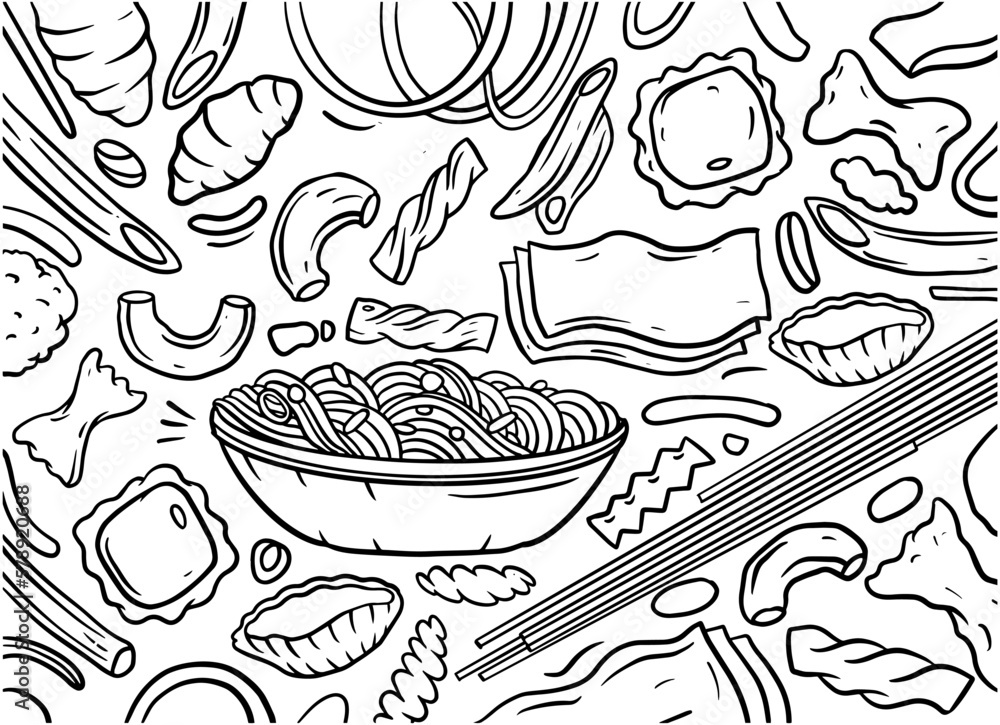 Hand drawn of pasta set in doodle style isolated on white background