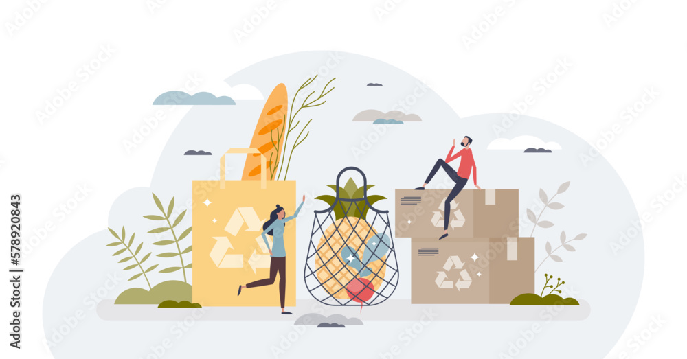 Environmental friendly packaging for shopping and grocery tiny person concept, transparent background. Product with cardboard paper boxes and reusable carton illustration. - obrazy, fototapety, plakaty 